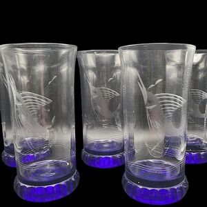 5 Hand Blown Glasses Cobalt Blue Bottom Highball Heisey Etched Marlin Seagulls